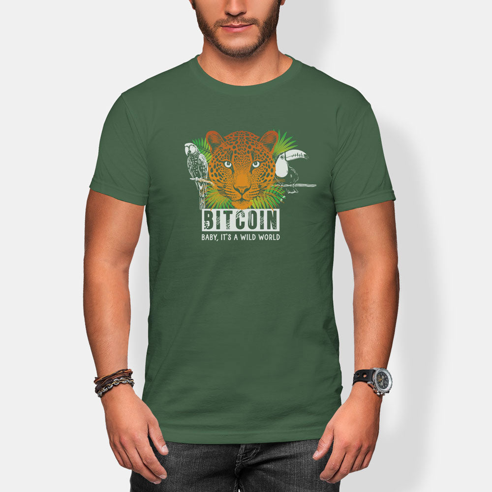 Person wearing a green bitcoin t-shirt with a graphic design and text on a white background