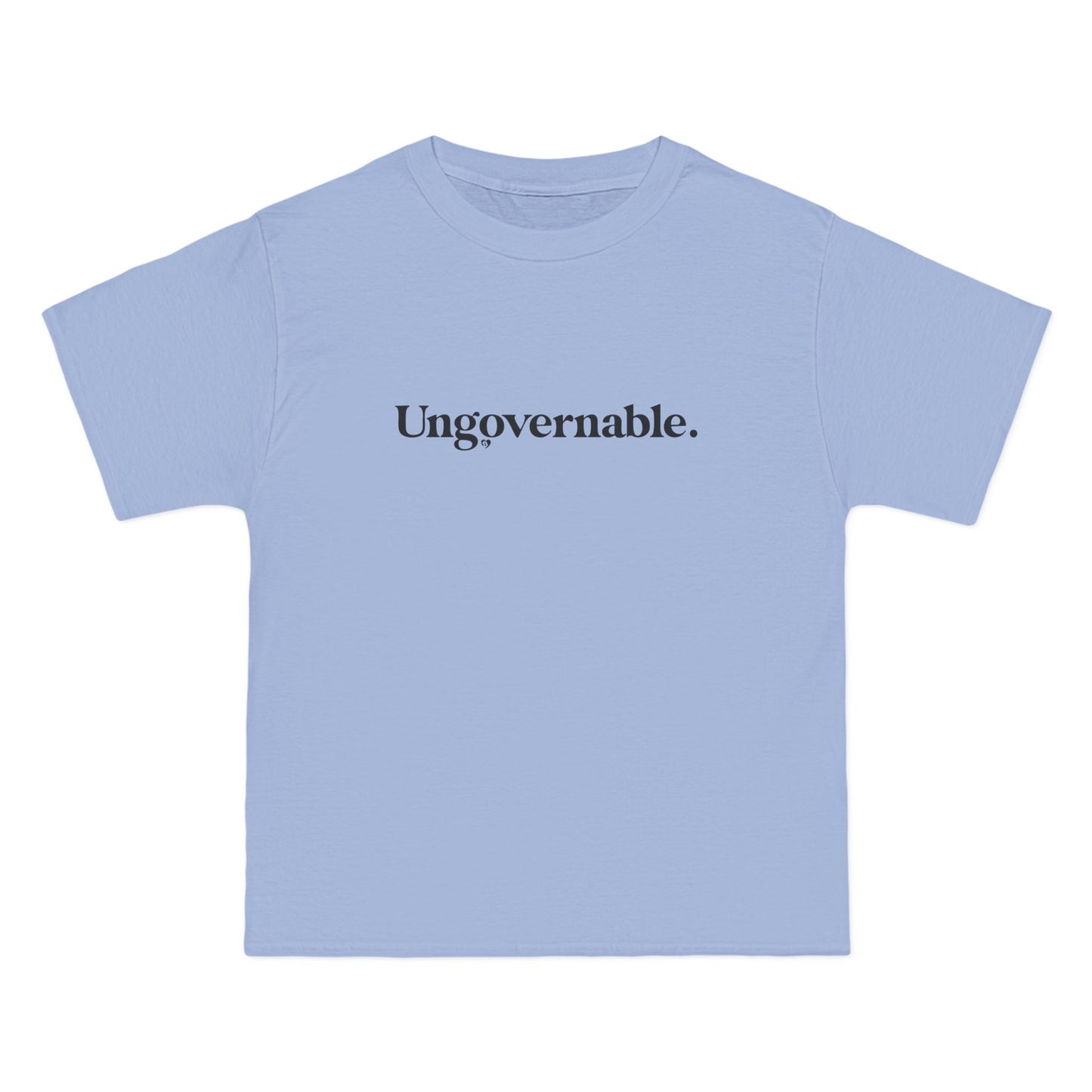 Light blue t-shirt with 'Ungovernable.' text on a white background
