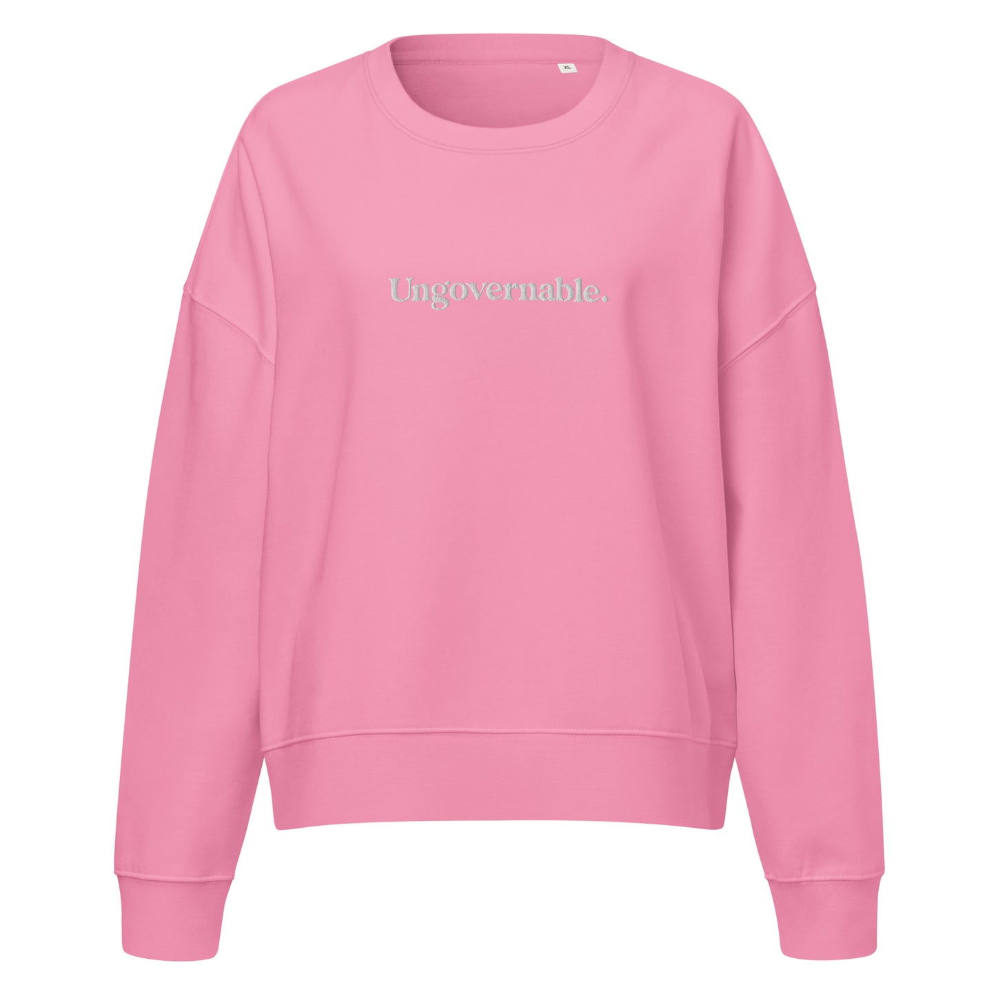 Pink sweatshirt with 'Un Governable' text on a white background