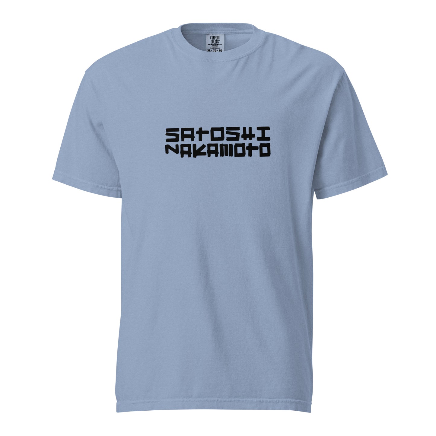 Light blue t-shirt with 'Satoshi Nakamoto' printed on a white background