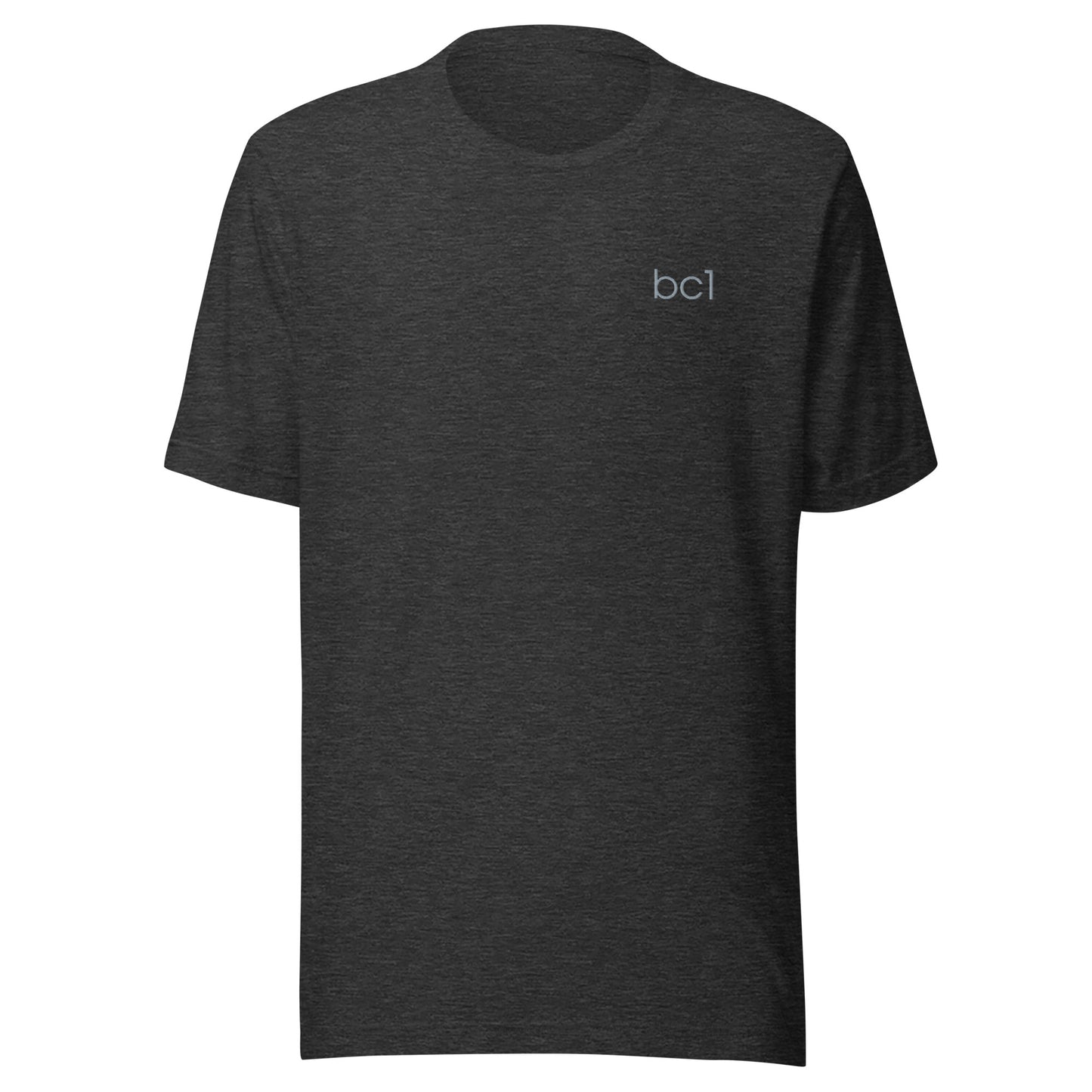 Dark gray t-shirt with 'bc1' logo on a white background