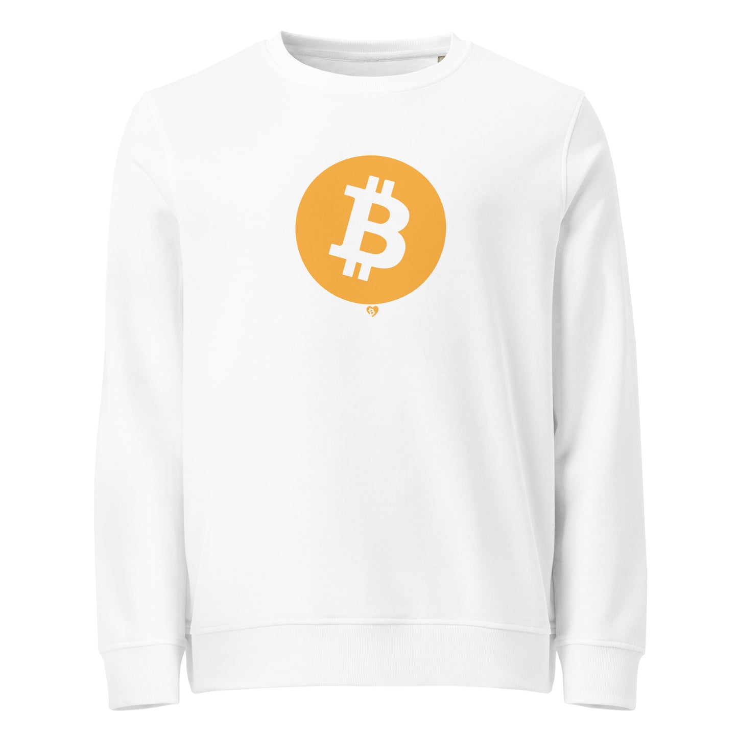 White sweatshirt with a Bitcoin logo on a white background