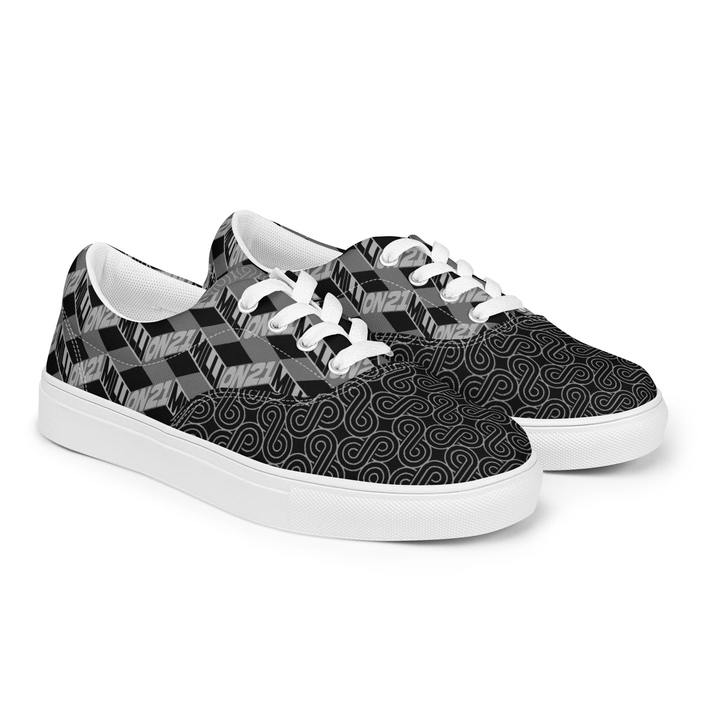 Black and white 21 million patterned sneakers on a white background