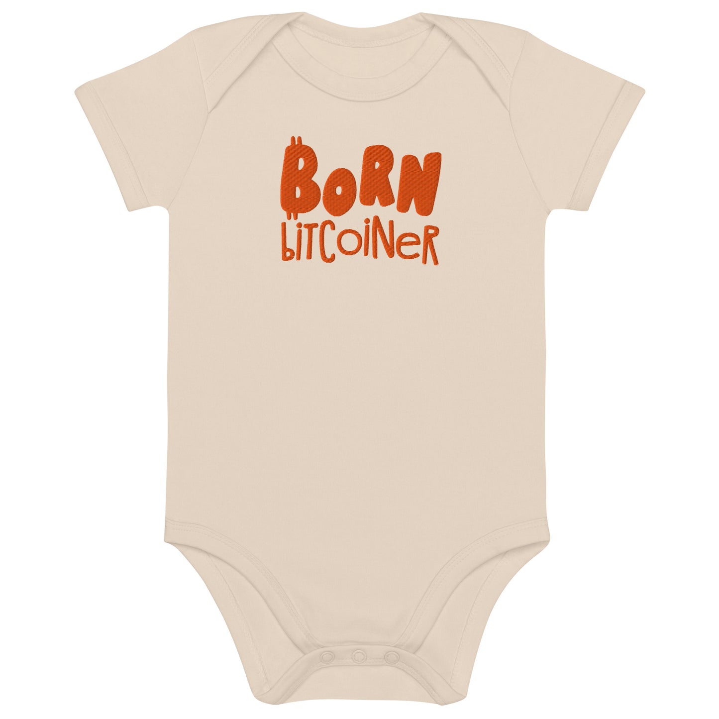 Beige baby onesie with 'Born Bitcoiner' text in orange on a white background