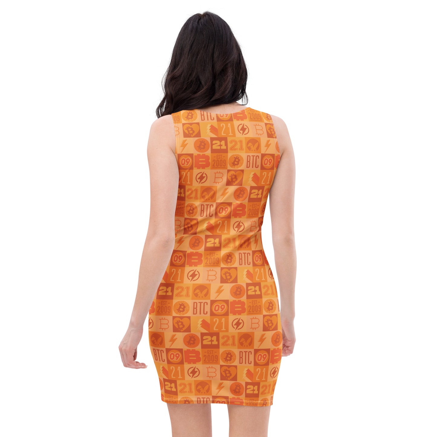 Woman wearing a sleeveless dress with orange bitcoin geometric pattern on a white background