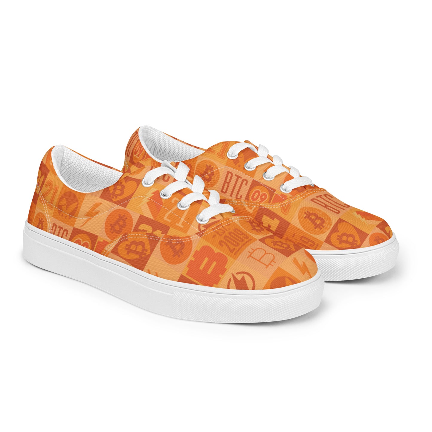Orange bitcoin sneakers with white laces on a white background