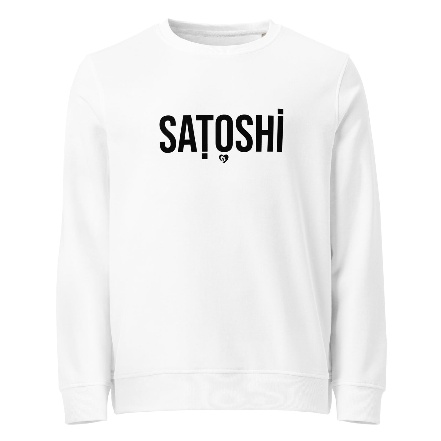 White sweatshirt with 'Satoshi' printed on it against a white background