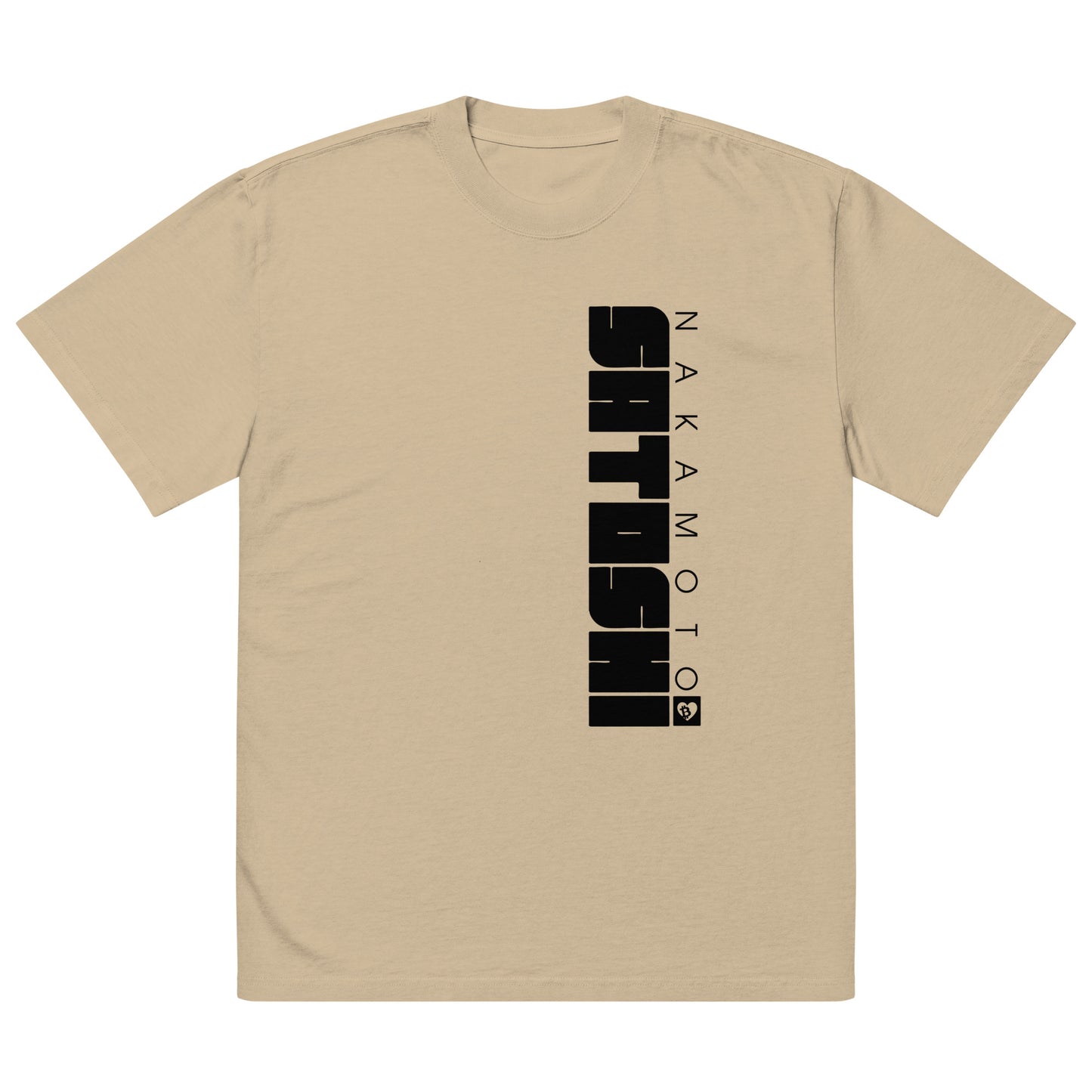 Beige t-shirt with black vertical satoshi nakamoto text design on a white background