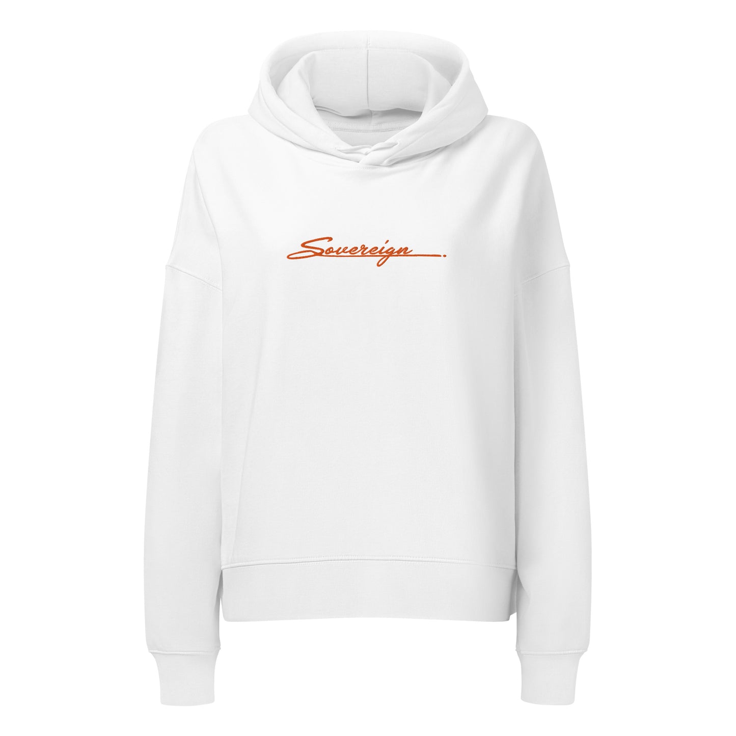White hoodie with 'Sovereign' logo on a white background