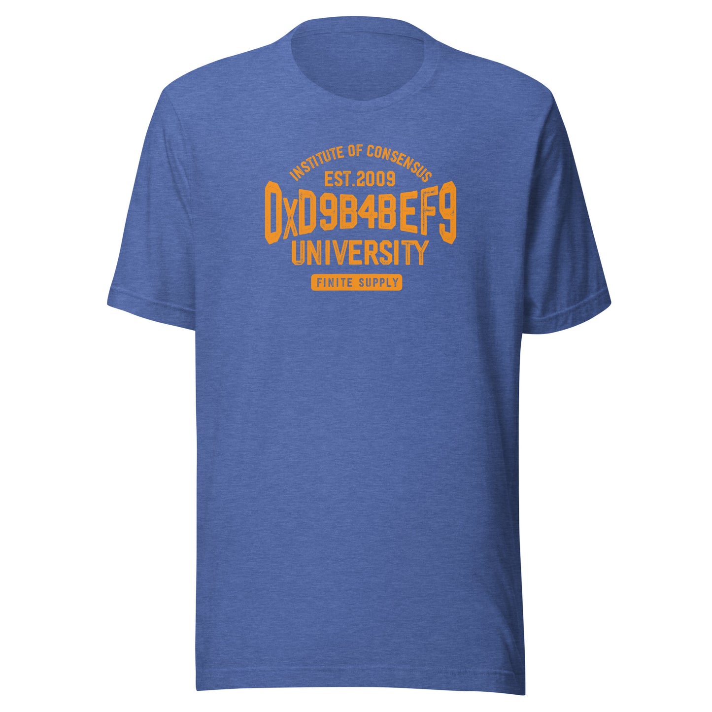 Blue t-shirt with orange institute of consensus text on a white background