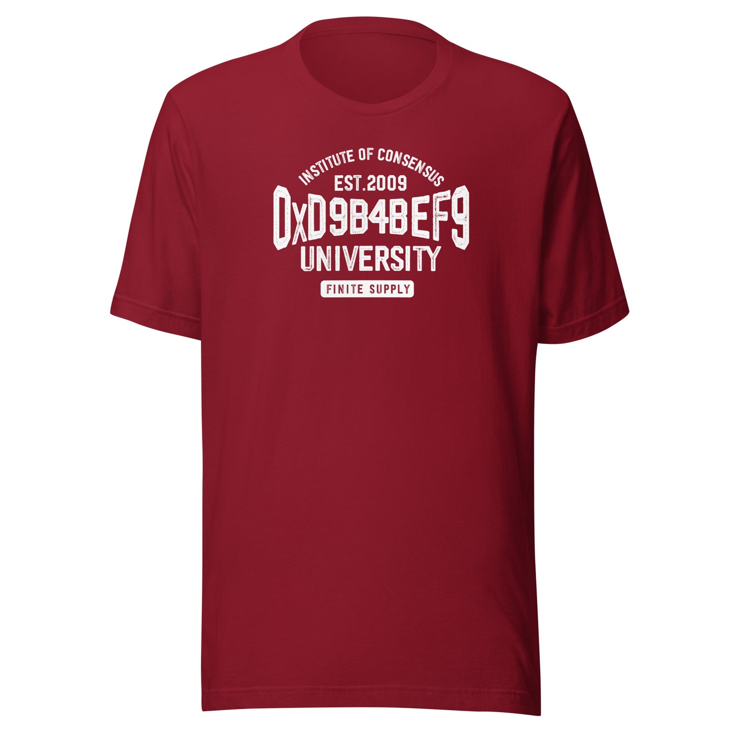 Red t-shirt with white institute of consensus text on a white background
