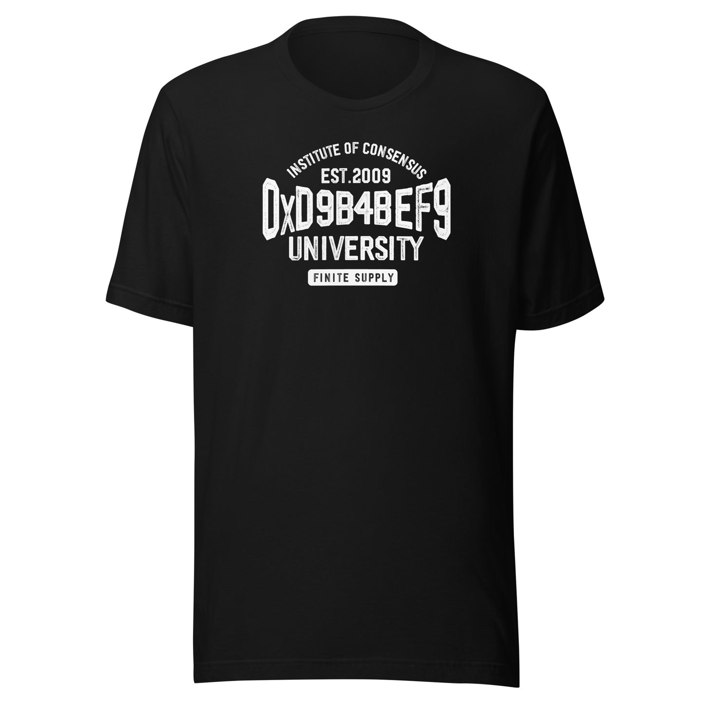 Black t-shirt with white institute of consensus text on a white background