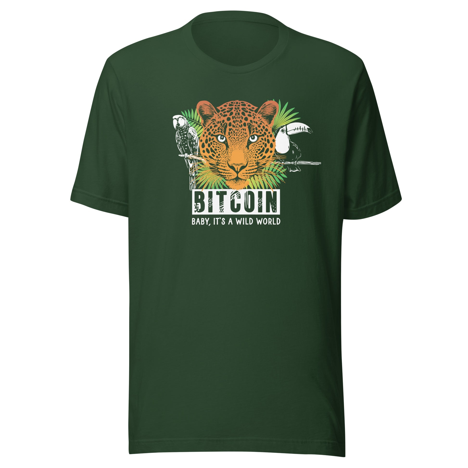 Green t-shirt with a leopard graphic and 'Bitcoin Baby, It's a Wild World' text on a white background