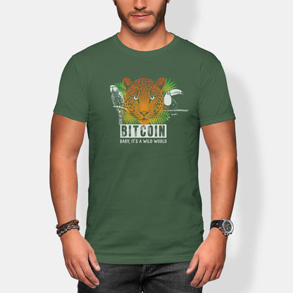 Person wearing a green bitcoin t-shirt with a graphic design and text on a white background