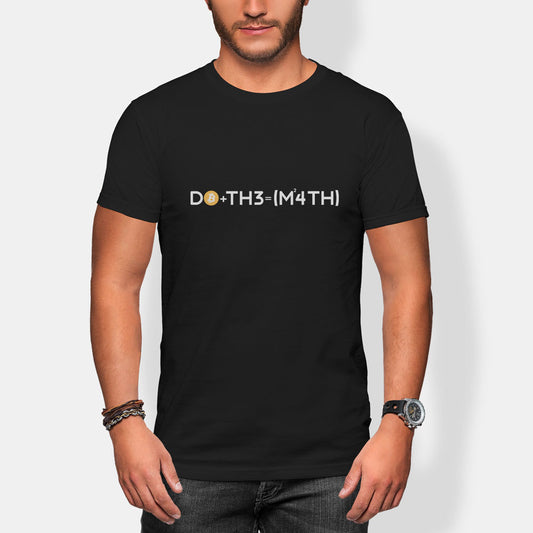 Person wearing a black t-shirt with do the math bitcoin text design on a plain background