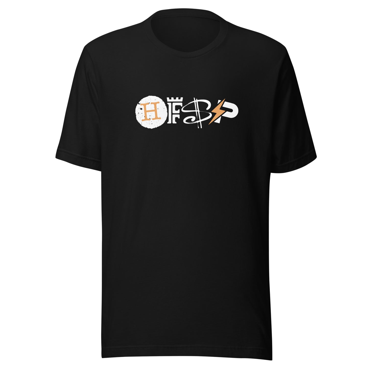 Black t-shirt with a HFSP logo on a white background