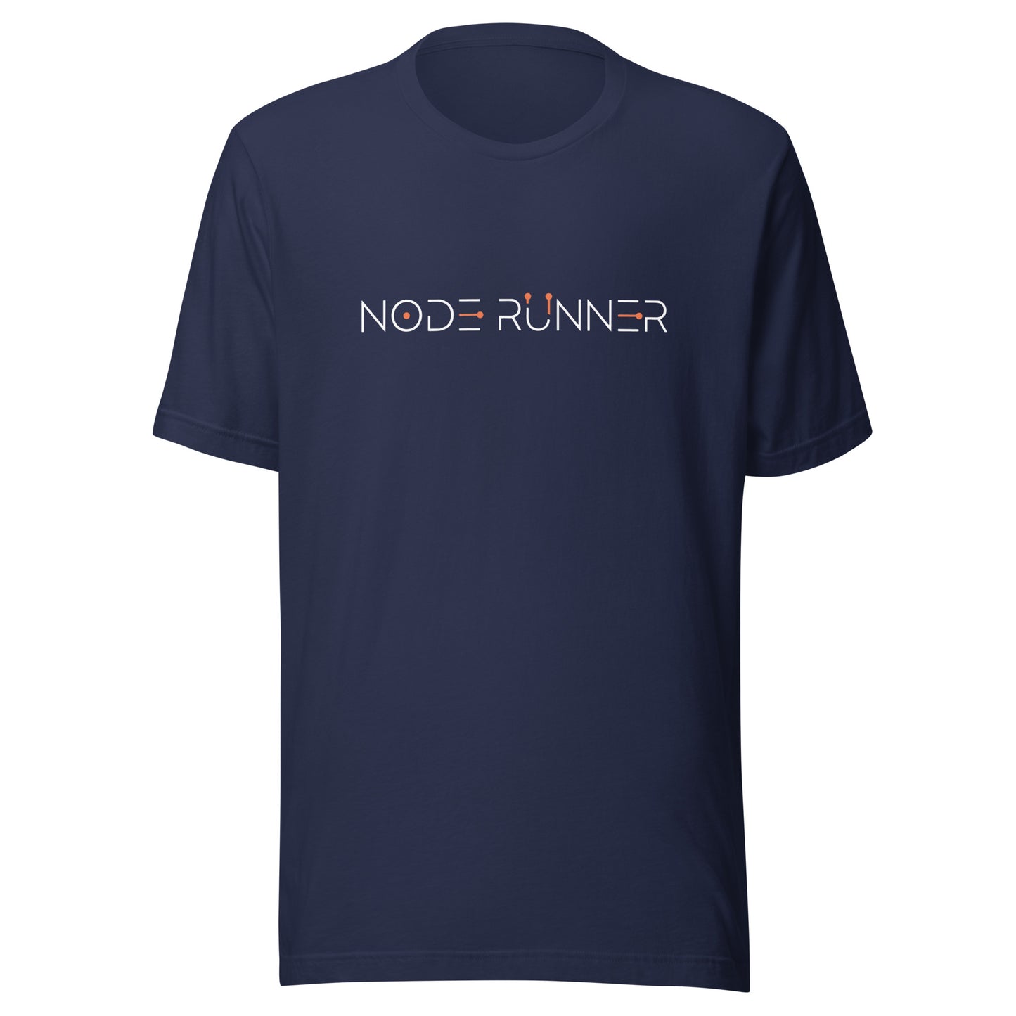 Navy blue t-shirt with 'NODE RUNNER' text on a white background