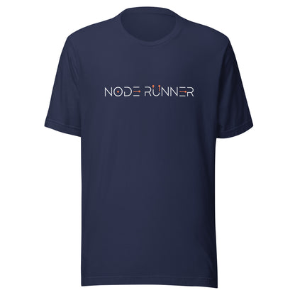 Navy blue t-shirt with 'NODE RUNNER' text on a white background