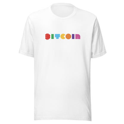 White t-shirt with colorful 'BITCOIN' text on a white background