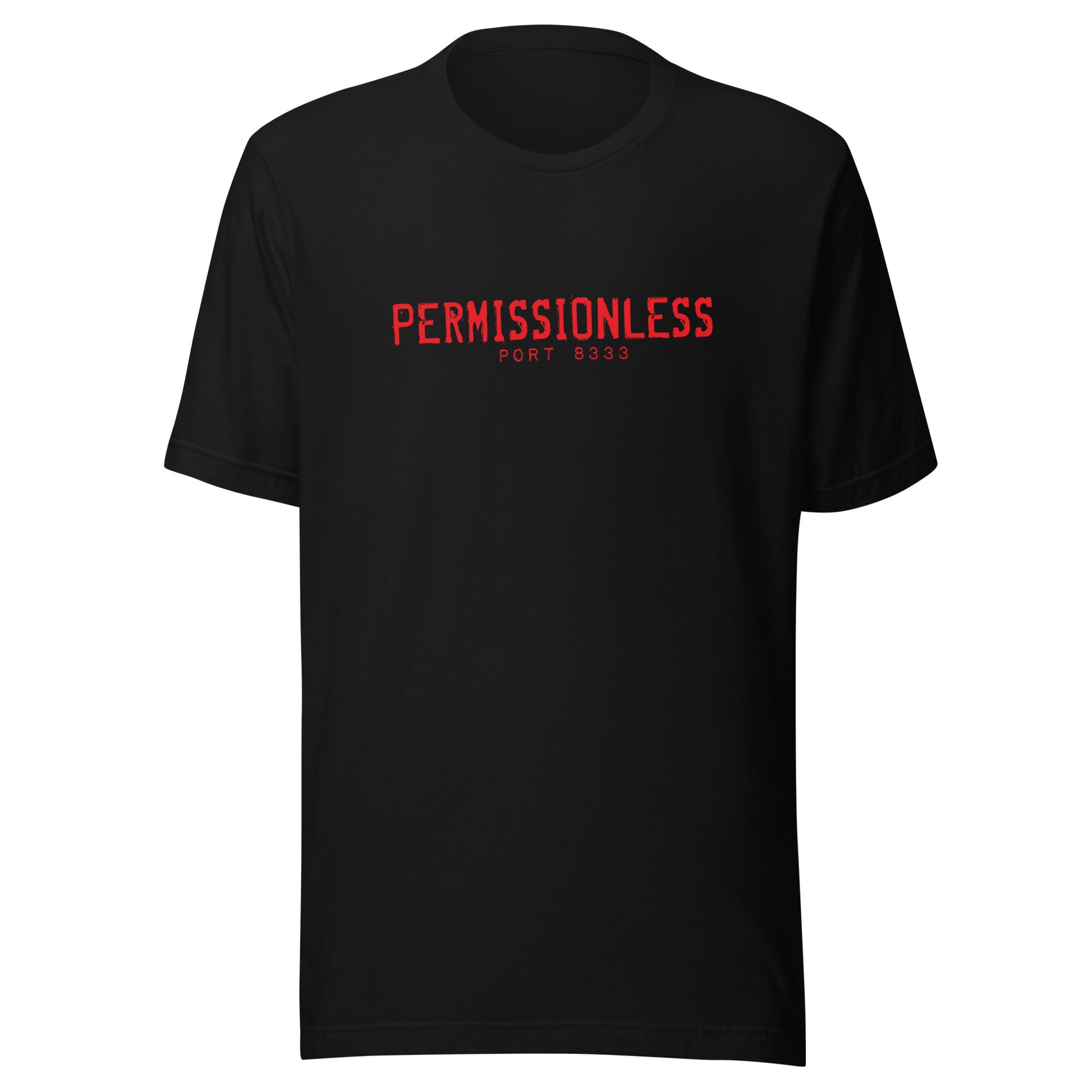 Black t-shirt with red text 'PERMISSIONLESS' on a white background