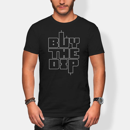 Person wearing a black t-shirt with 'BUY THE DIP' text on a white background