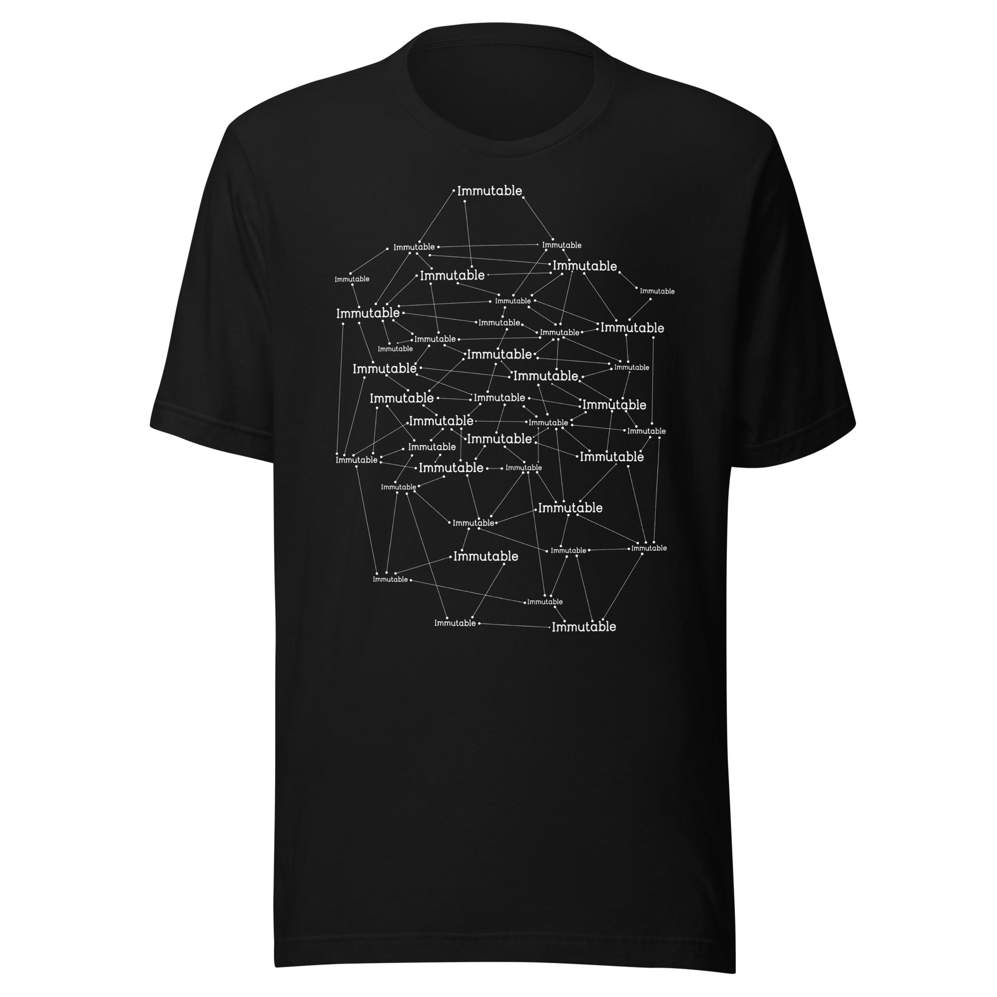 Black t-shirt with white immutable geometric design and text on a white background