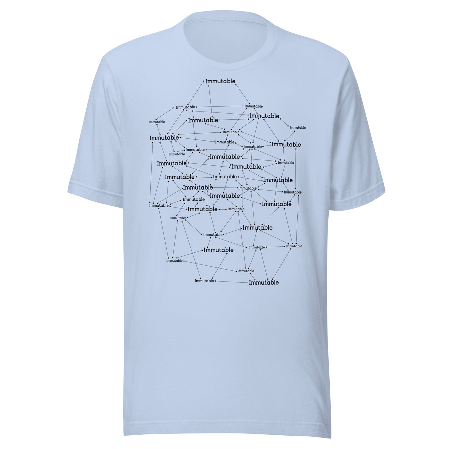 Light blue t-shirt with black immutable  text design on a white background