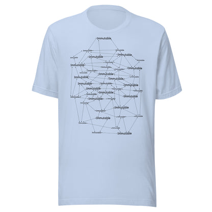 Light blue t-shirt with black immutable  text design on a white background