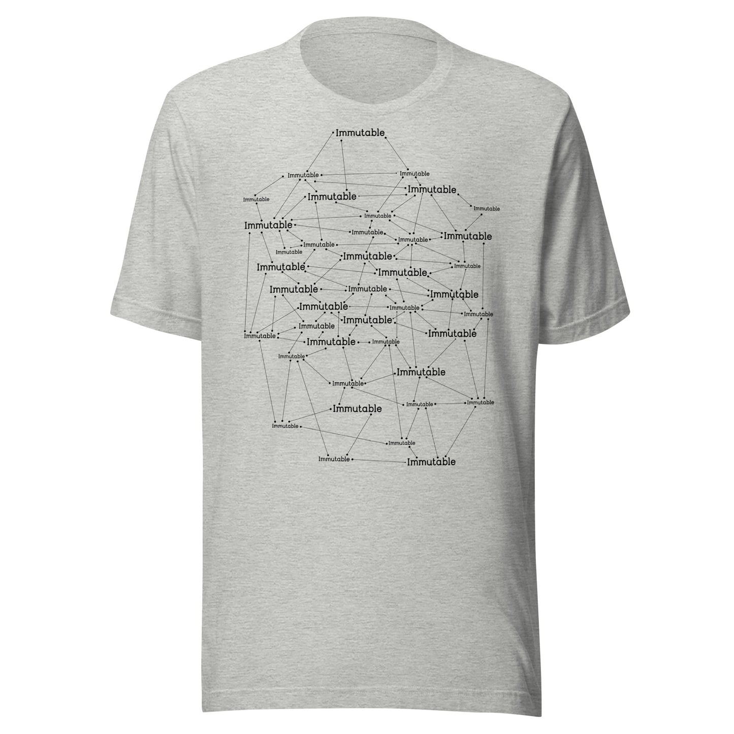Gray t-shirt with black immutable text design on a white background