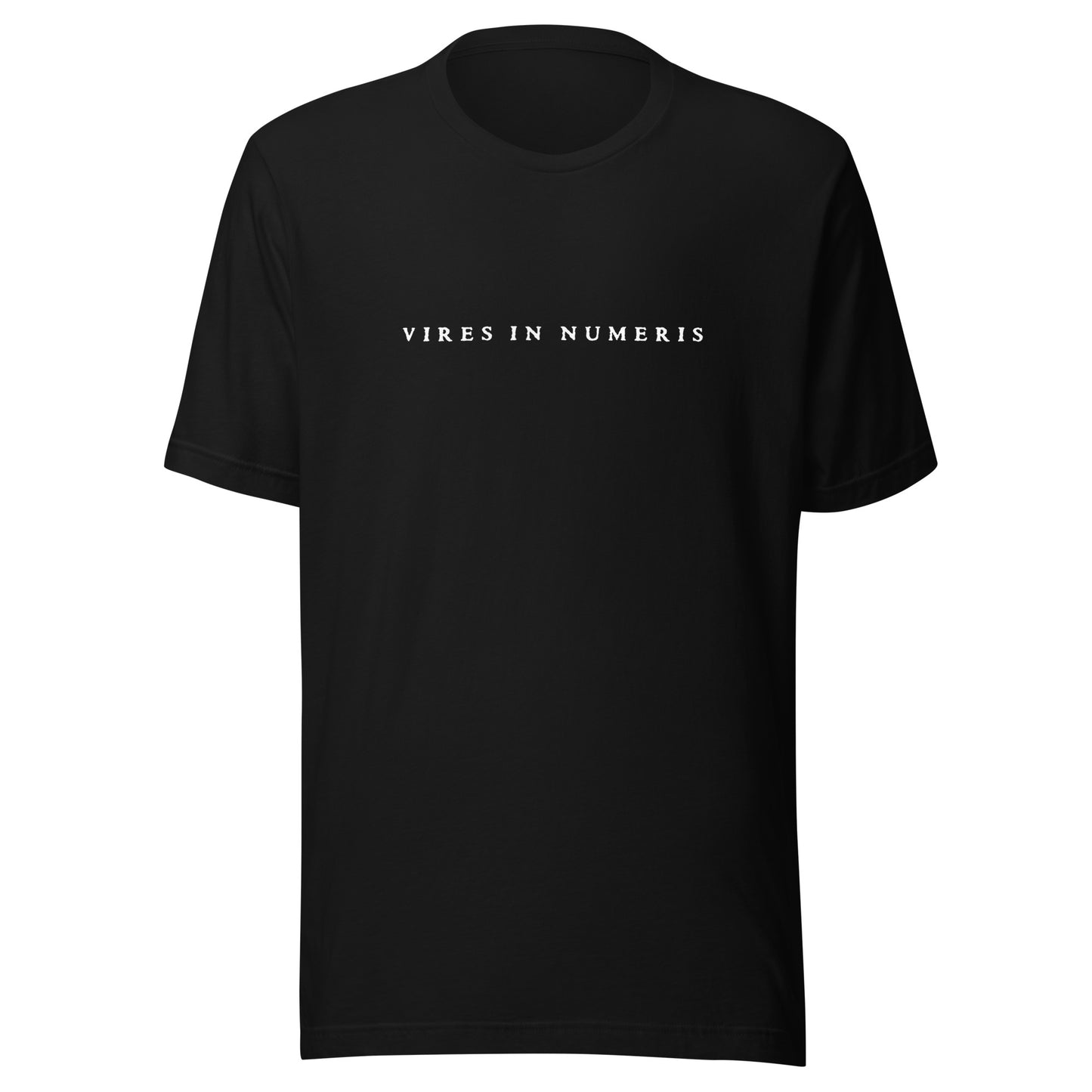 Black t-shirt with 'VIRES IN NUMERIS' text on a white background
