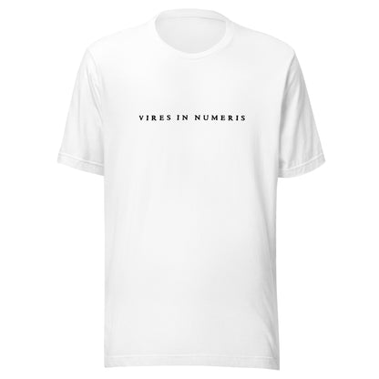 White t-shirt with black text 'VIRES IN NUMERIS' on a white background
