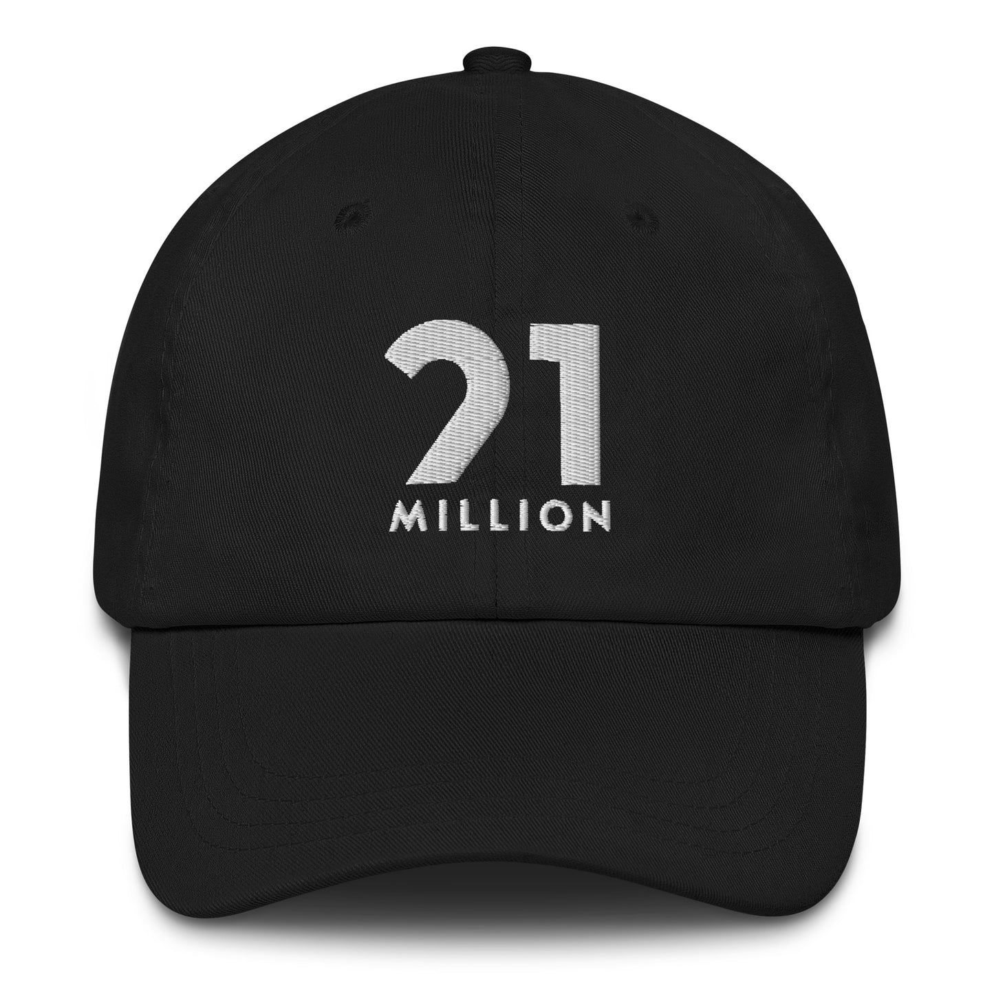 Black cap with '21 Million' logo on a white background