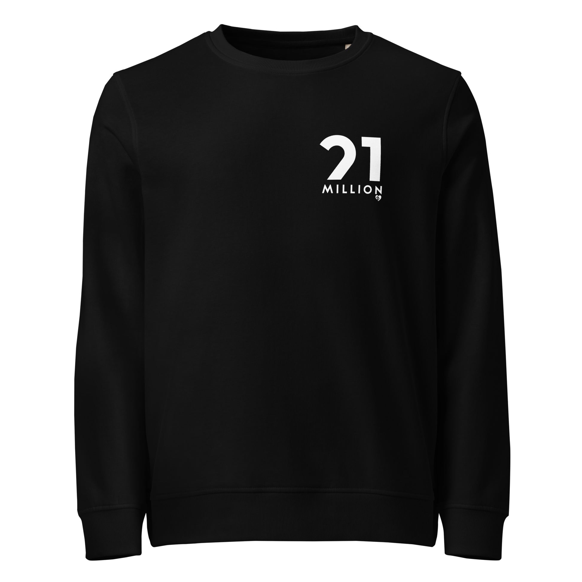 Black sweatshirt with '21 Million' logo on a white background