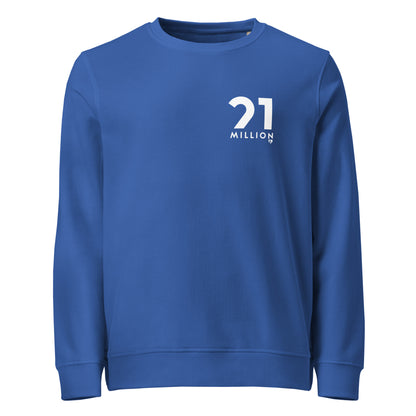 Blue sweatshirt with '21 Million' logo on a white background