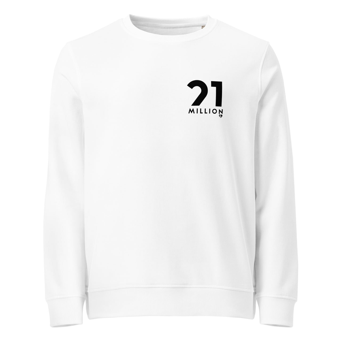 White sweatshirt with '21 Million' logo on a white background