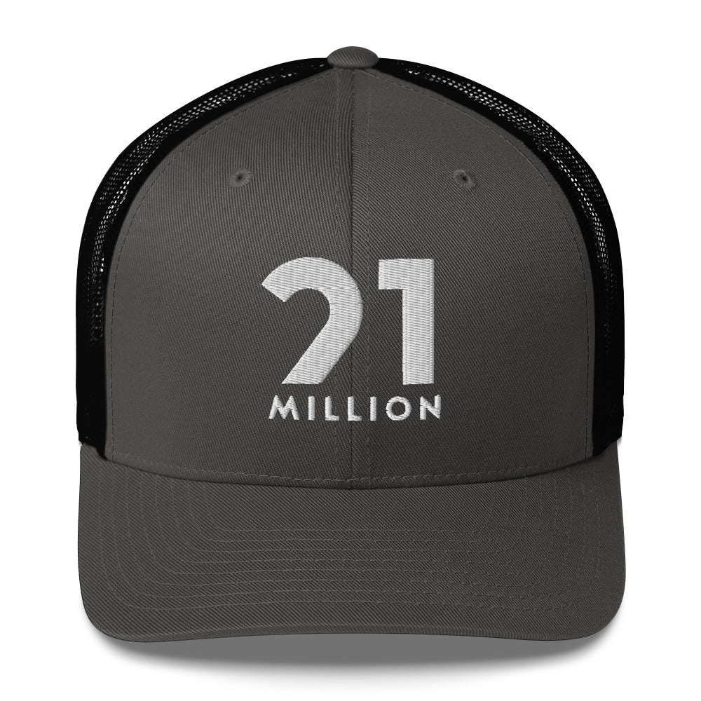 Black and gray cap with '21 Million' logo on a white background