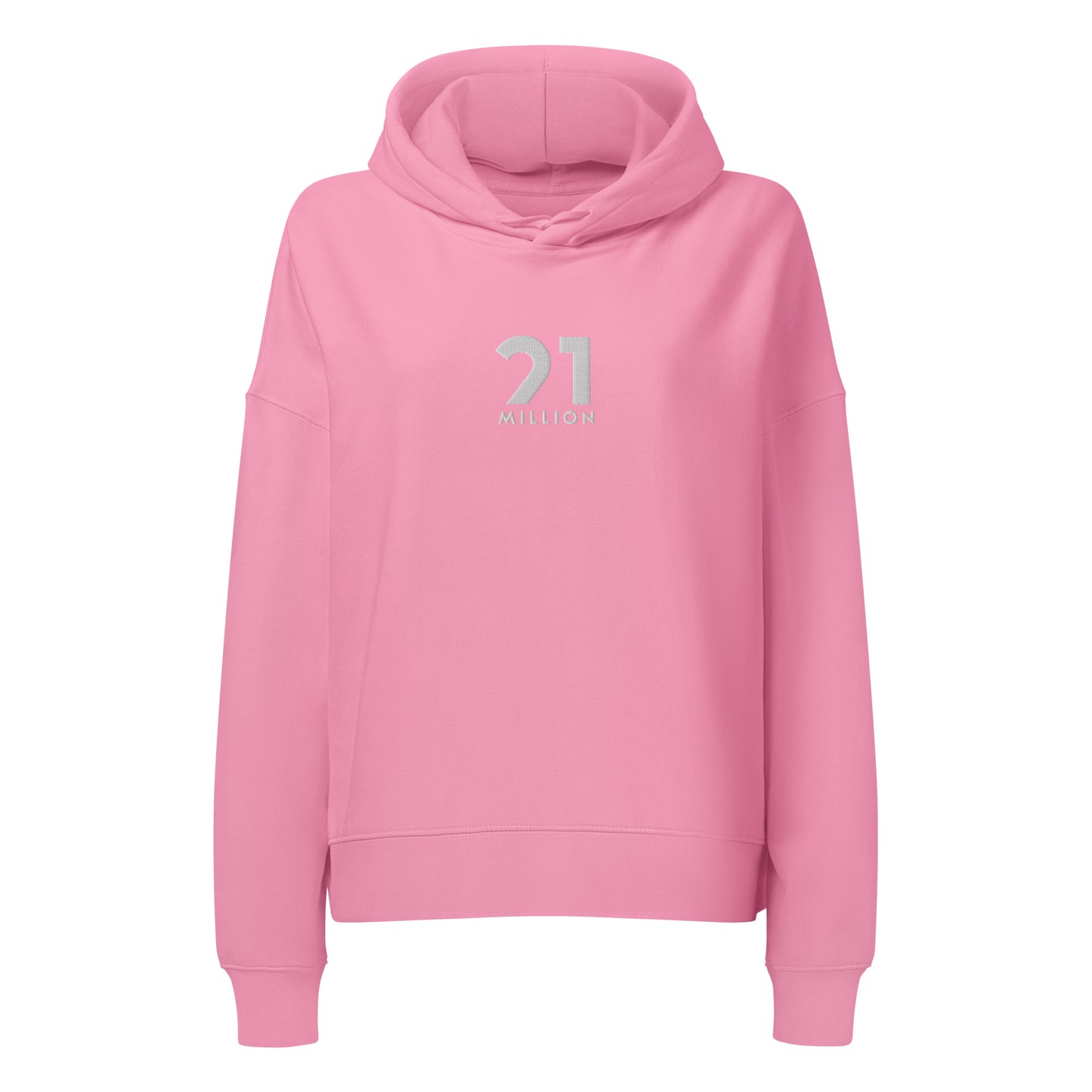 Pink hoodie with a 21 million logo on a white background