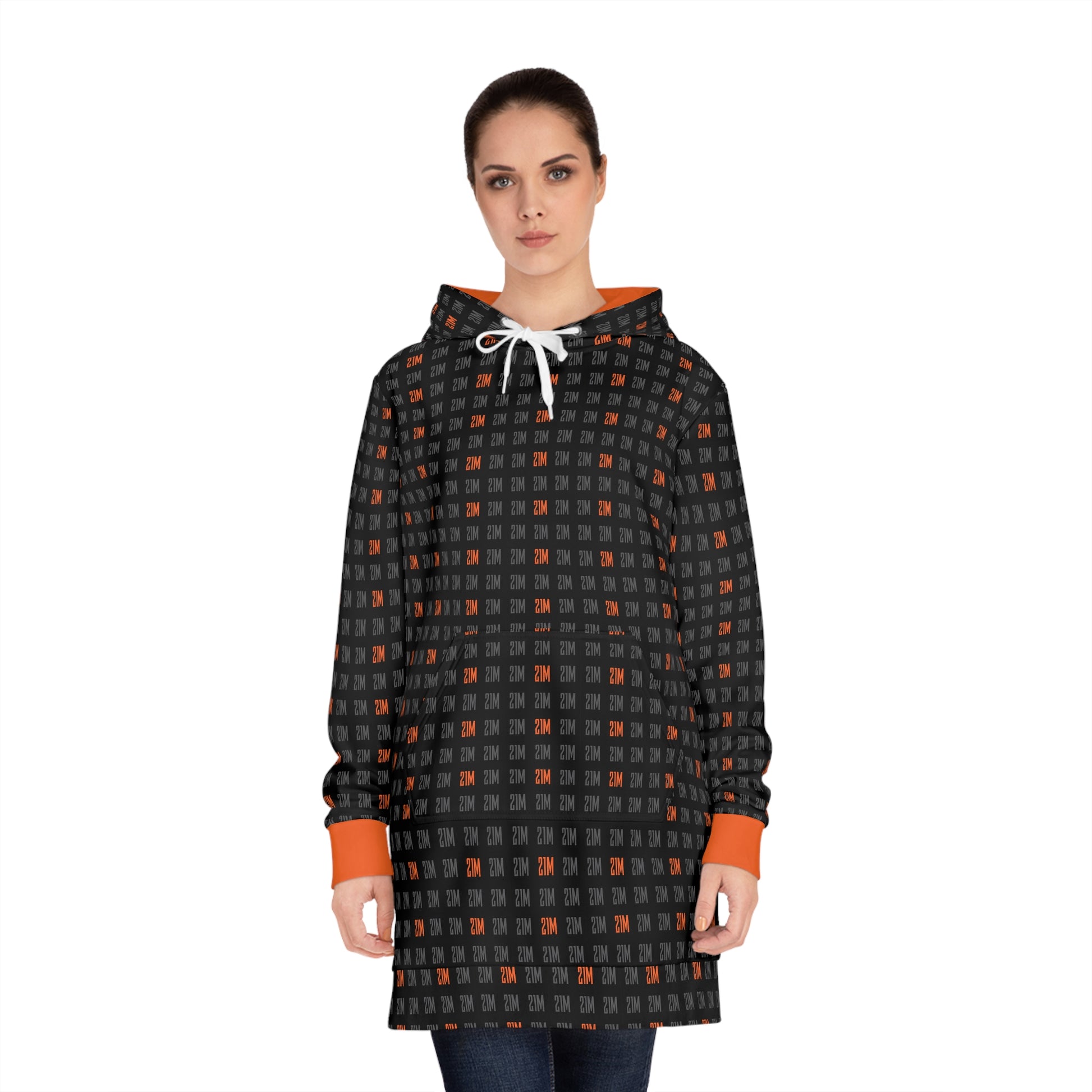 Woman wearing a patterned hoodie with 21 million pattern on a white background