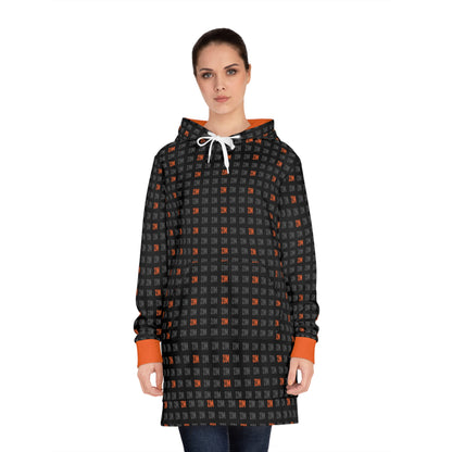 Woman wearing a patterned hoodie with 21 million pattern on a white background