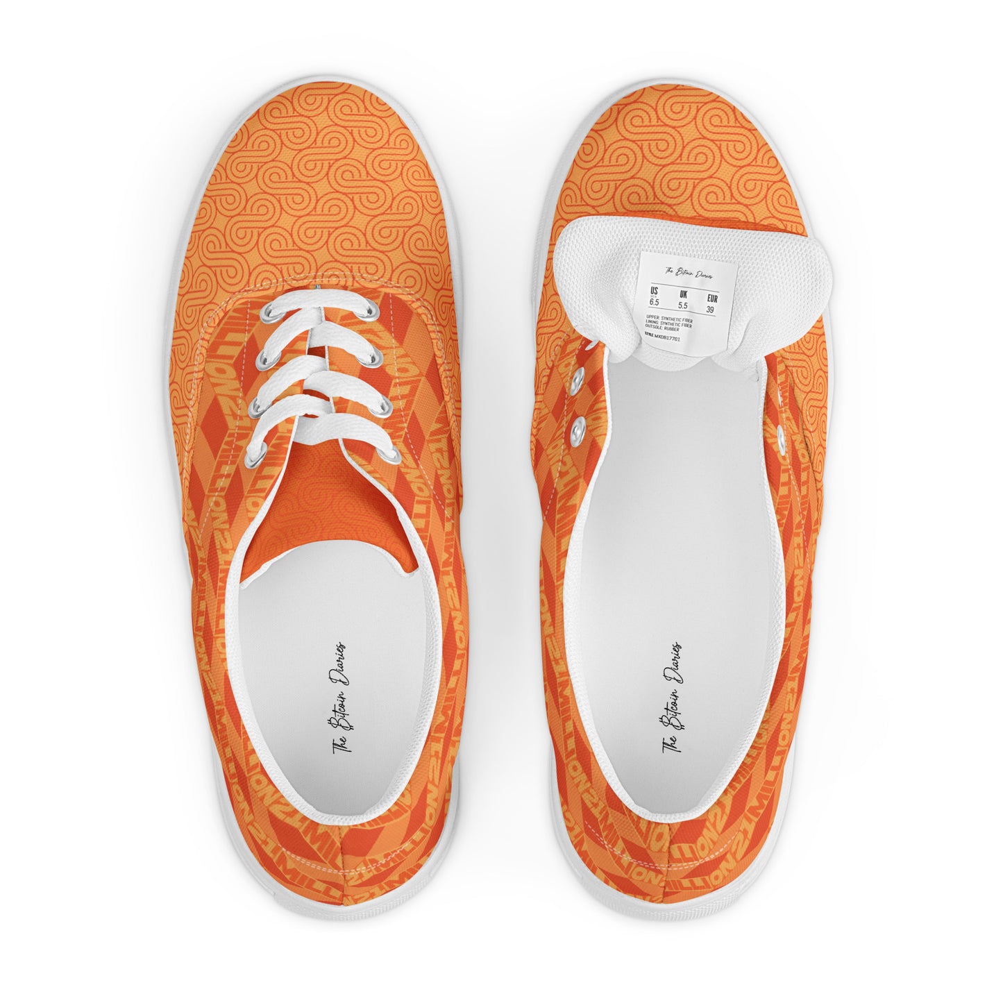 Orange sneakers with white soles on a white background