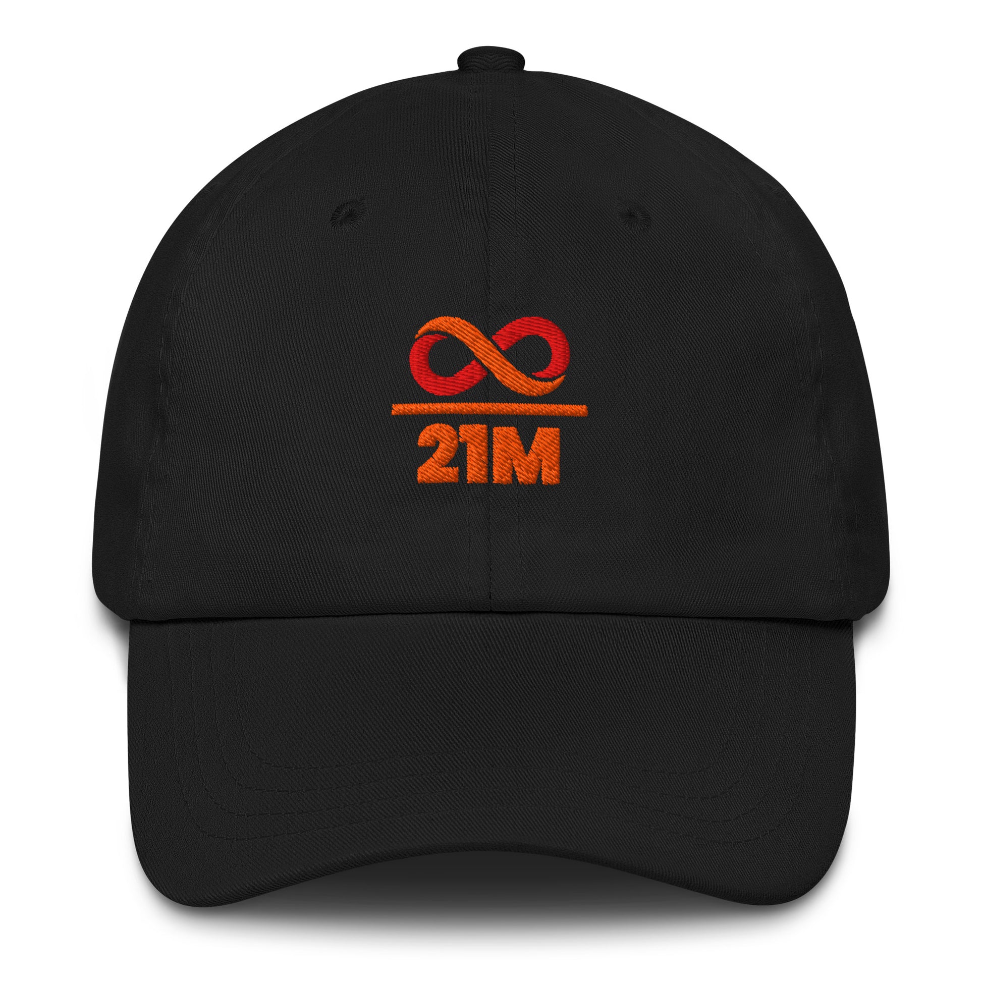 Black cap with orange infinity over 21 million logo and text on a white background