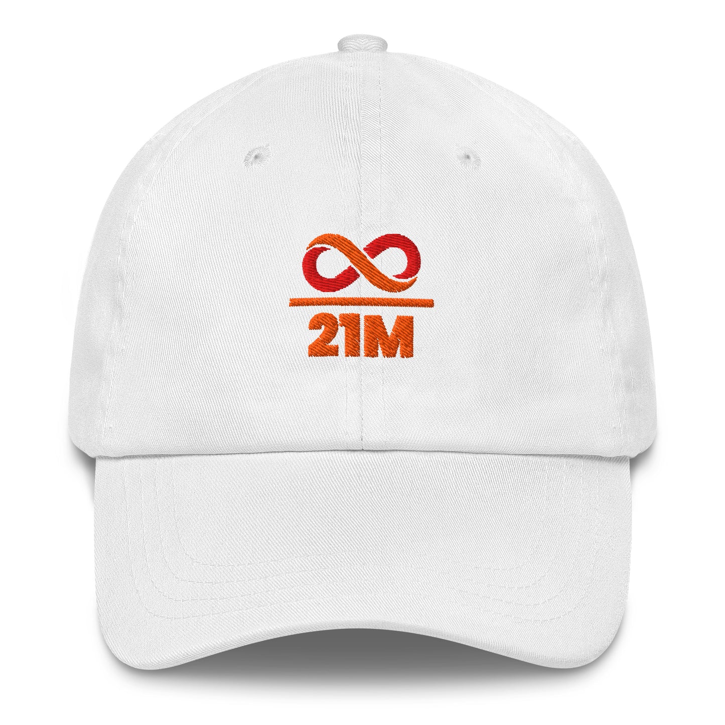 White cap with red and orange infinity over 21 million logo on a white background