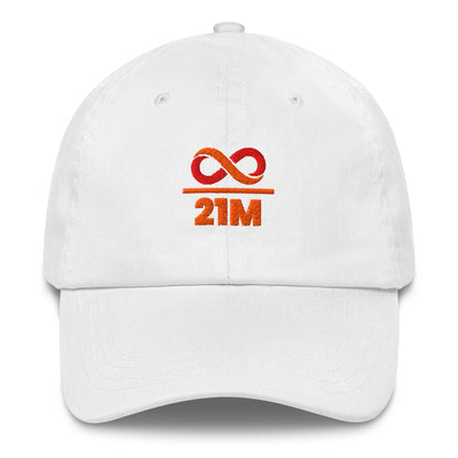 White cap with red and orange infinity over 21 million logo on a white background