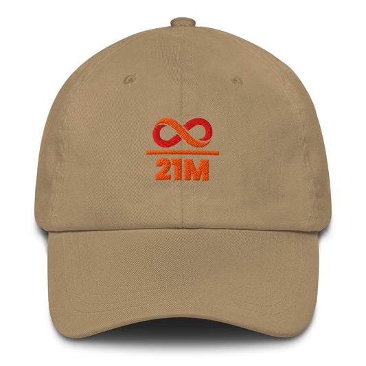 Beige cap with orange and red infinity over 21 million logo on a white background