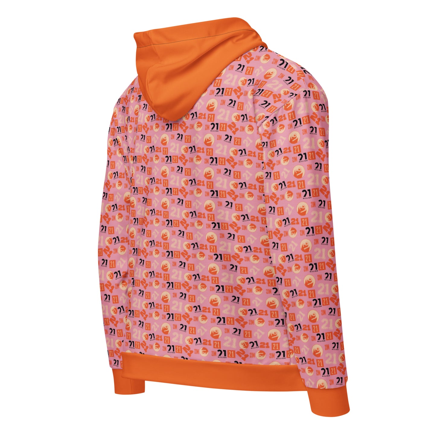 Pink hoodie with orange 21 pattern on a white background