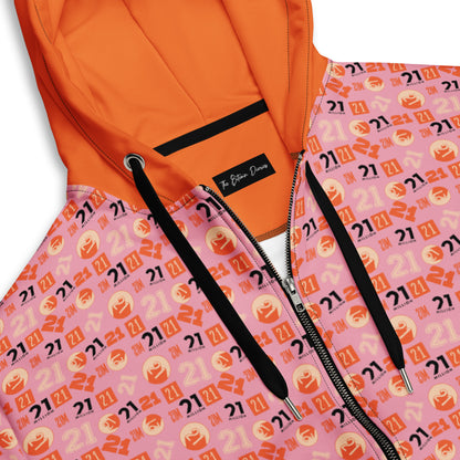 Orange hoodie with a pink pattern featuring the number '21' on a white background