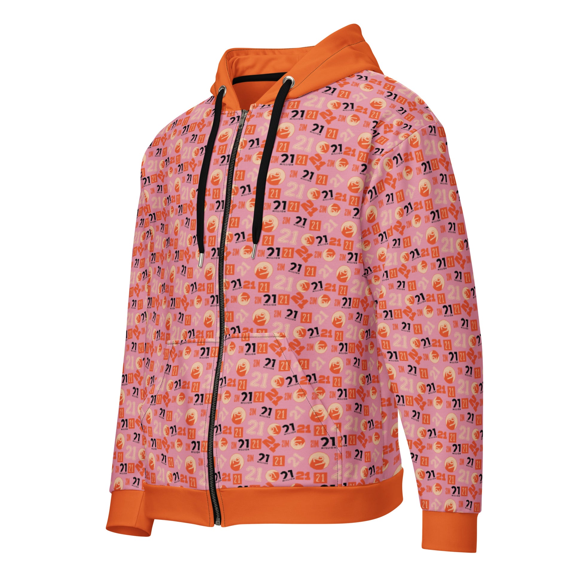 Hoodie with orange and pink 21 pattern on a white background