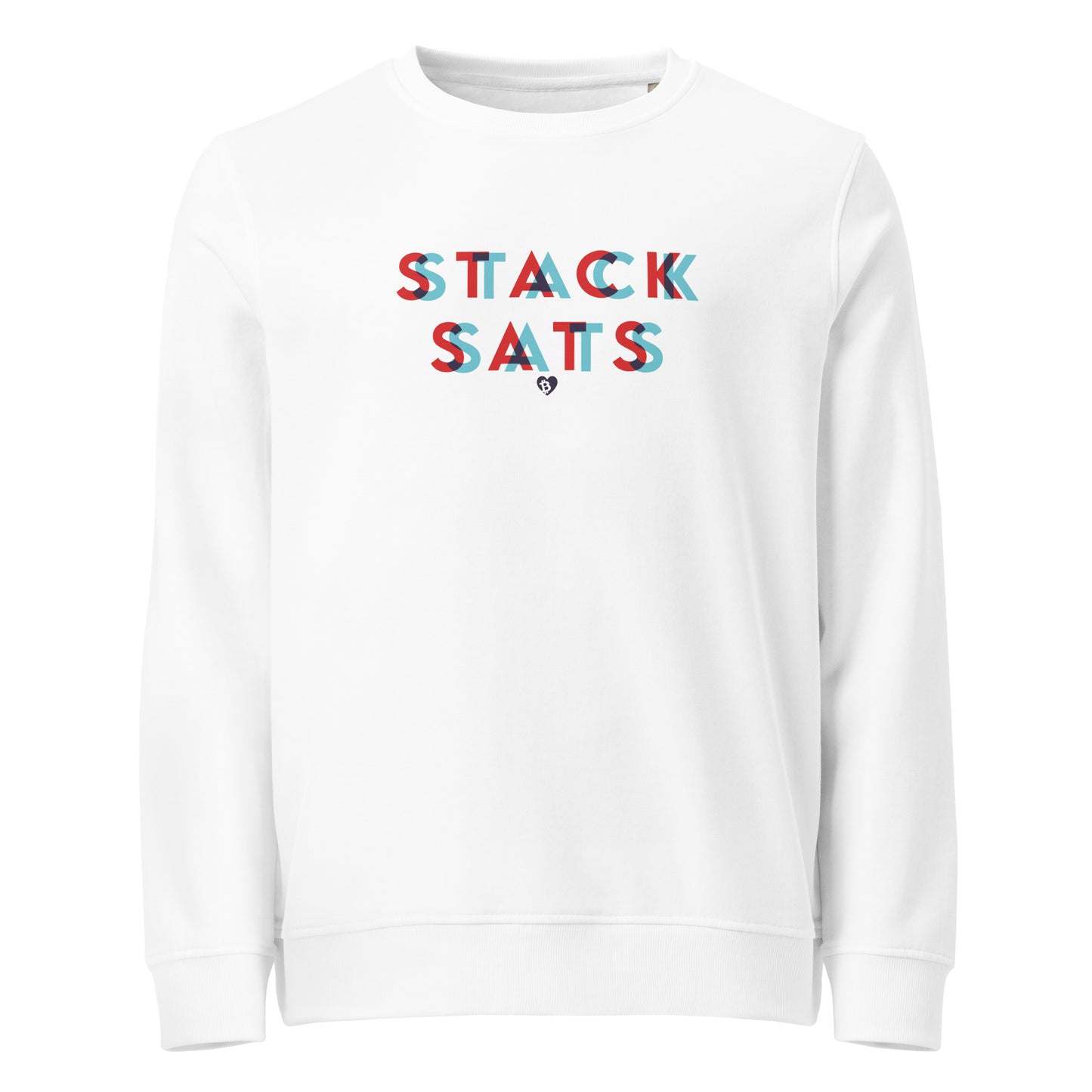 White sweatshirt with colorful stack sats text on a white background