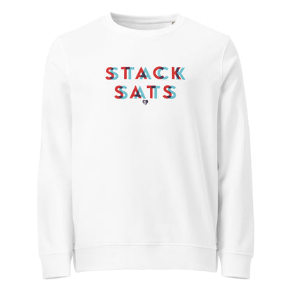 White sweatshirt with colorful stack sats text on a white background