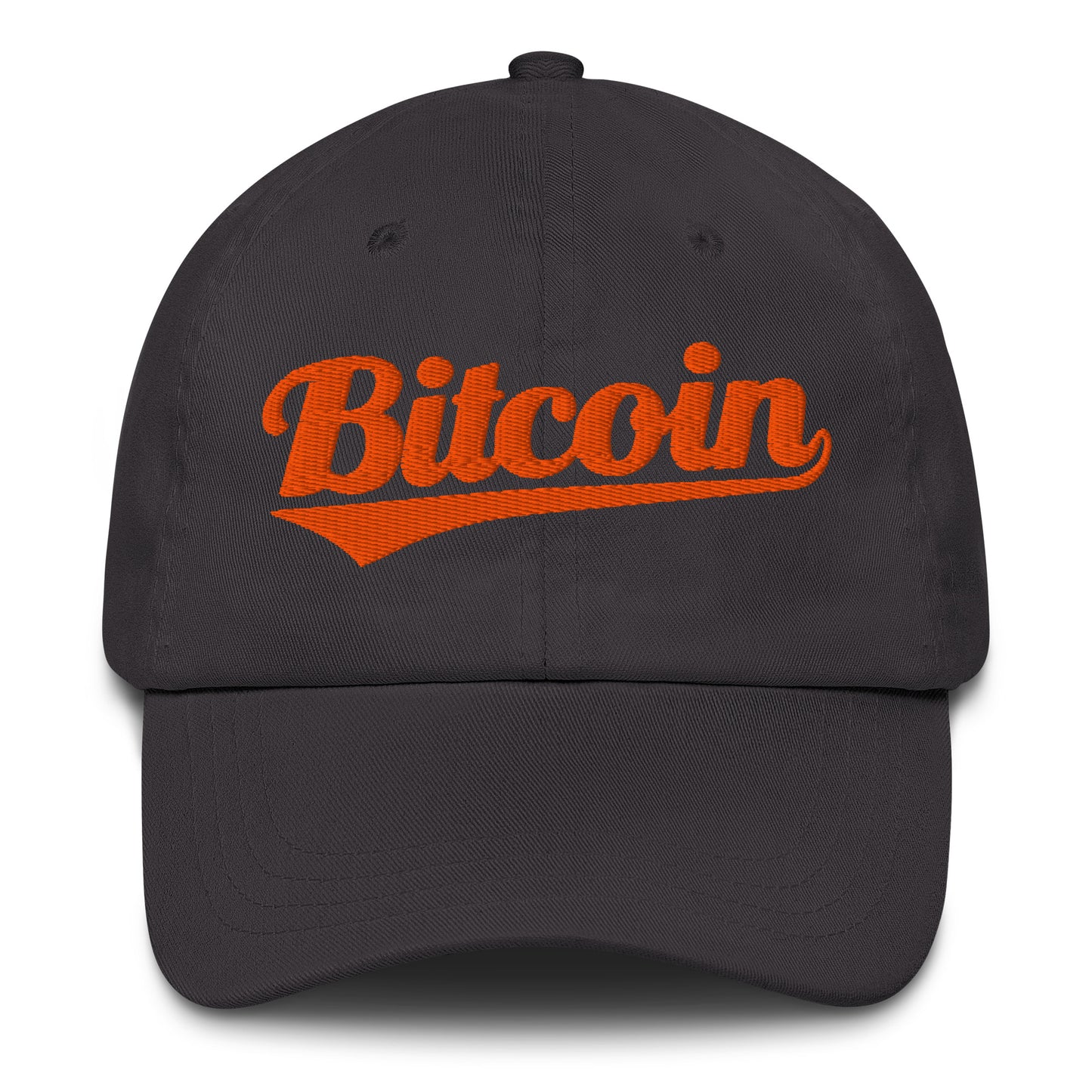 grey cap with orange baseball style 'Bitcoin' text on a white background